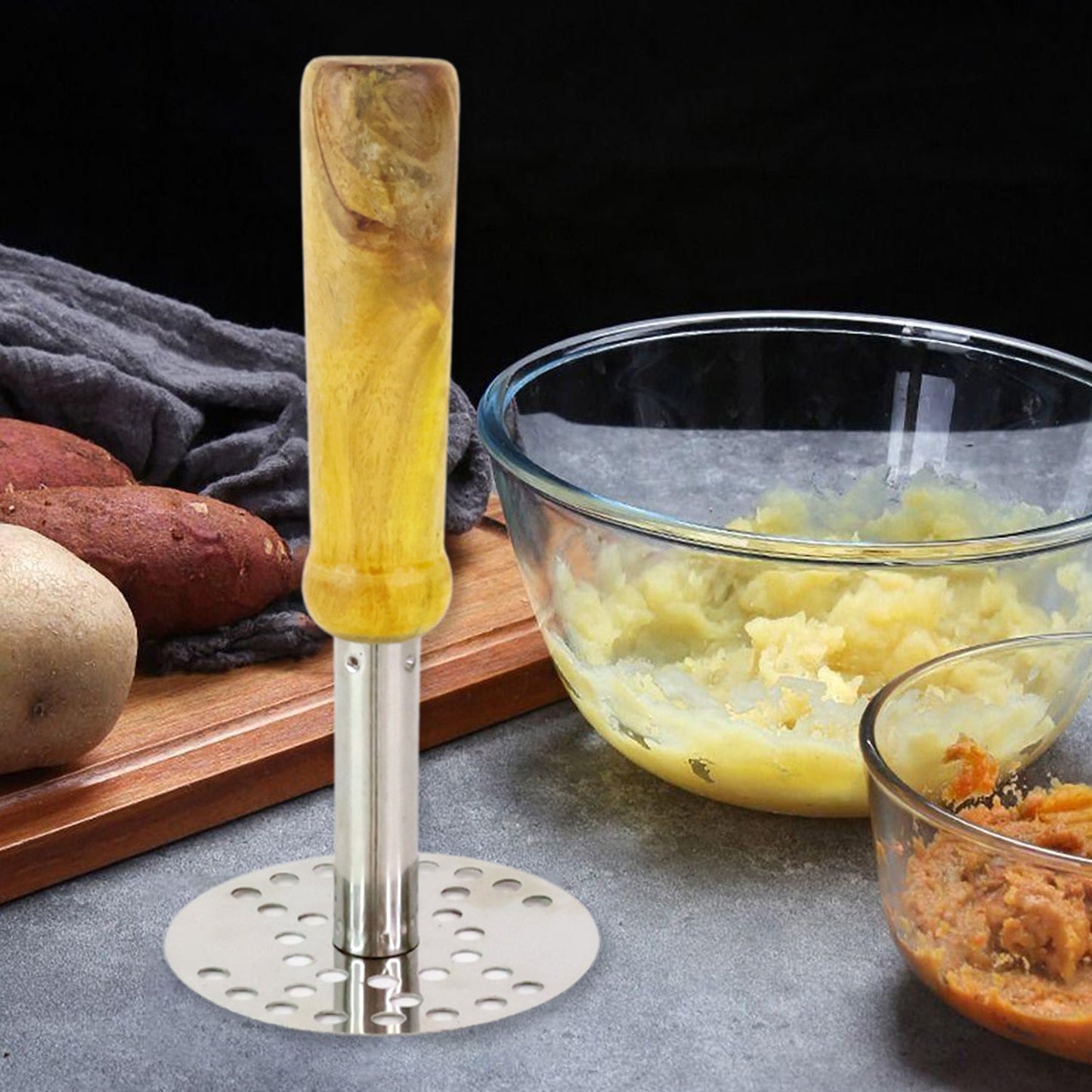 Stainless Steel Potato Masher, Pav Bhaji Masher with wooden handle Signature Kart
