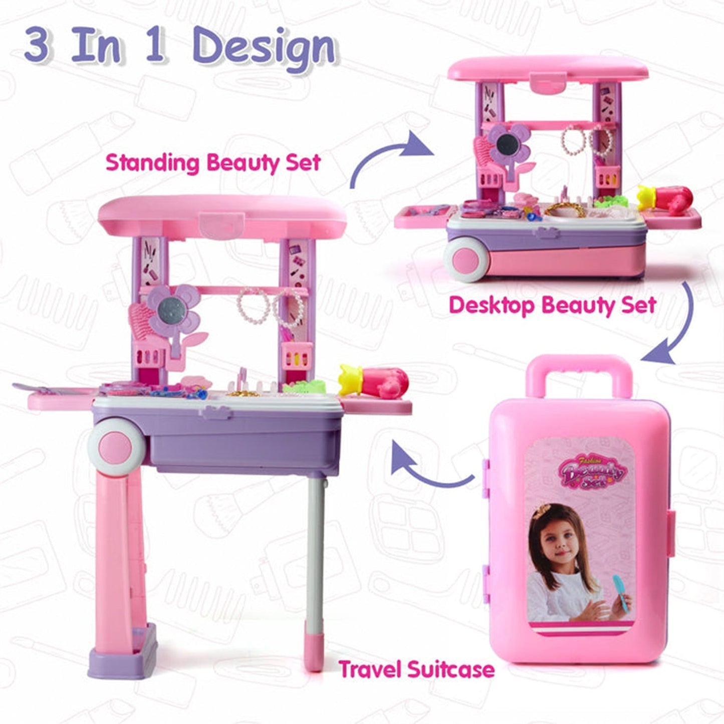 Big Beauty Set Suitcase On Wheel, The Ultimate Beauty Set On Wheels for Girls, Makeup Kit is Easy to Clean & Use, Portable Beauty Set with 25 Pieces for 3 Years BIS Approved. (Beauty Set Trolley) signaturekarts