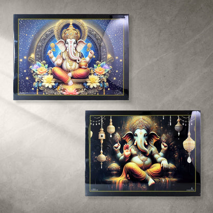 Divine Lord Ganesha Wall Painting Wooden Frame Mix Design, 60x45 Cm Approx (1 Pc) signaturekarts