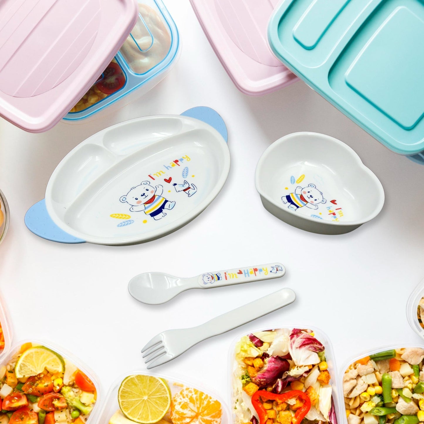 5in1 Baby Feeding Set for Kids and Toddlers,Children Children Dinnerware Set - Feeding Set for Kids, Cartoon Design Plate, Cup, Spoon, Fork  Tableware Cutlery for Kids Microwave (5 Pcs Set) signaturekarts