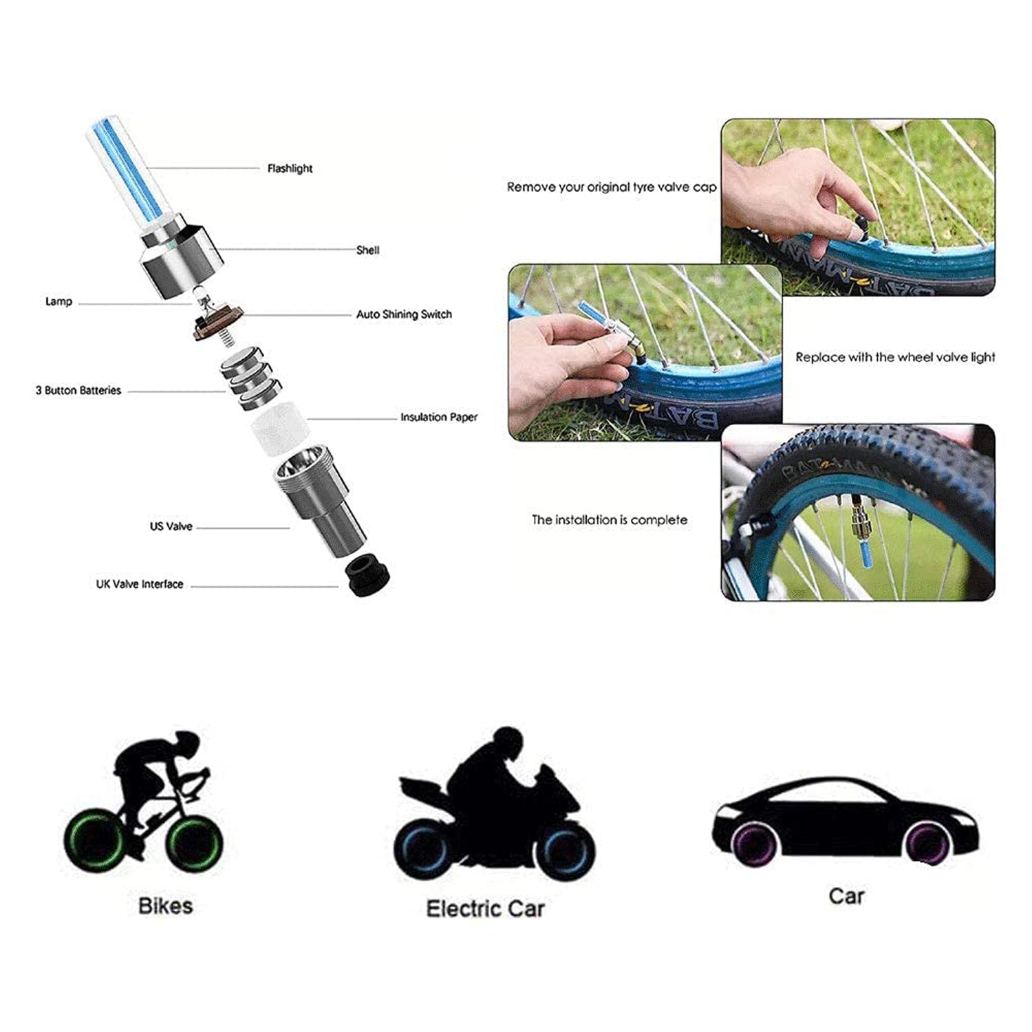 LED Flash Light lamp tyre Wheel Valve Sealing caps (2 Pc / Mix Color) Your Brand
