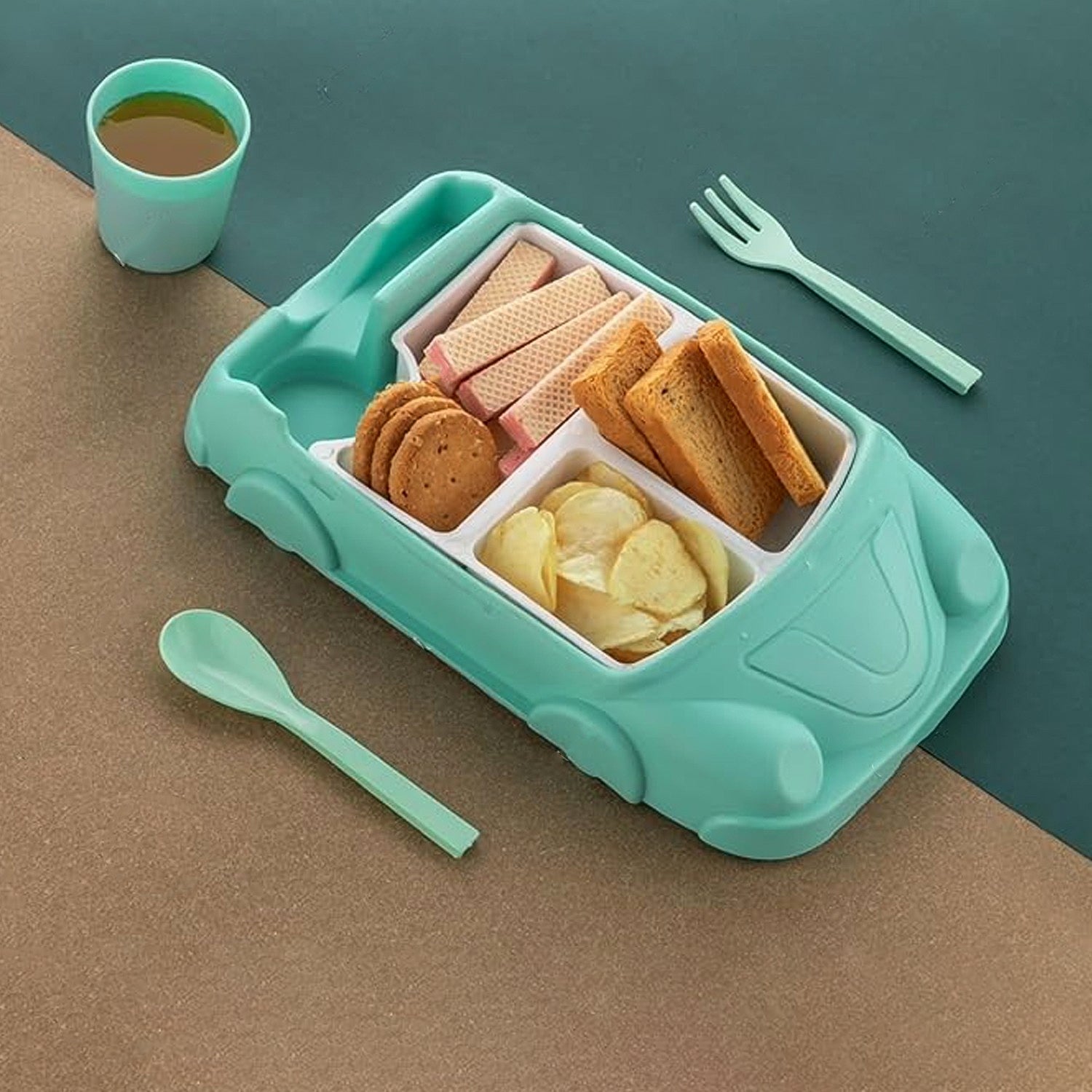 Kid's Car Shaped Plates Cup / Lunch Box Dinnerware (4 Pcs Set / 1000 ML Lunch Box) Signaturekarts
