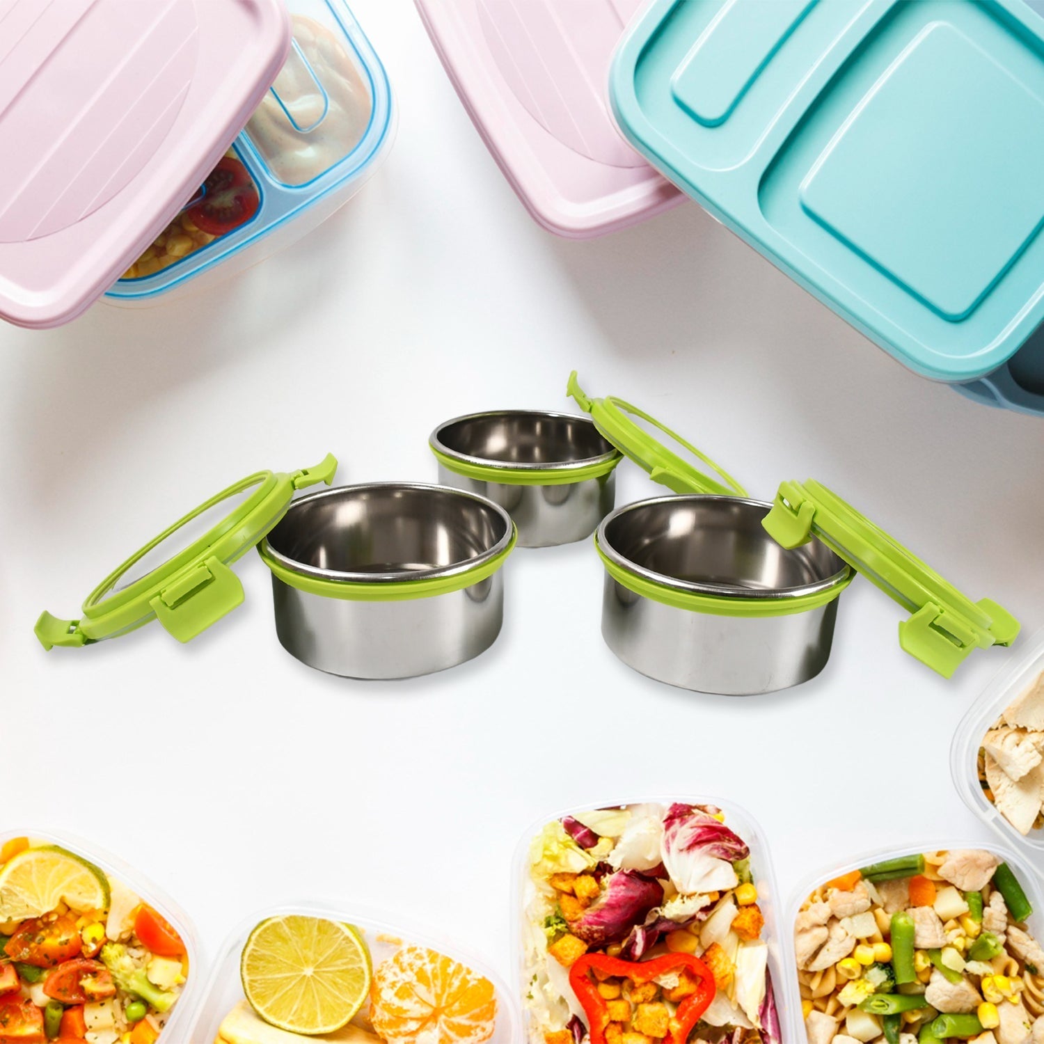 Stainless Steel Tiffin Lunch Box Container / Dabba with 4 Side Clip Lock Lid signaturekarts