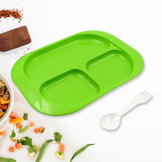 Biodegradable 3-Compartment Plastic Food Plate with Spoon for Snacks (1 Pc) signaturekarts