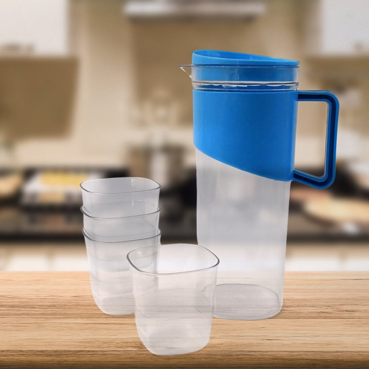 Transparent Premium Jug with Elegant Handle & 4 Plastic Glasses (2000 ML Approx) Signature kart