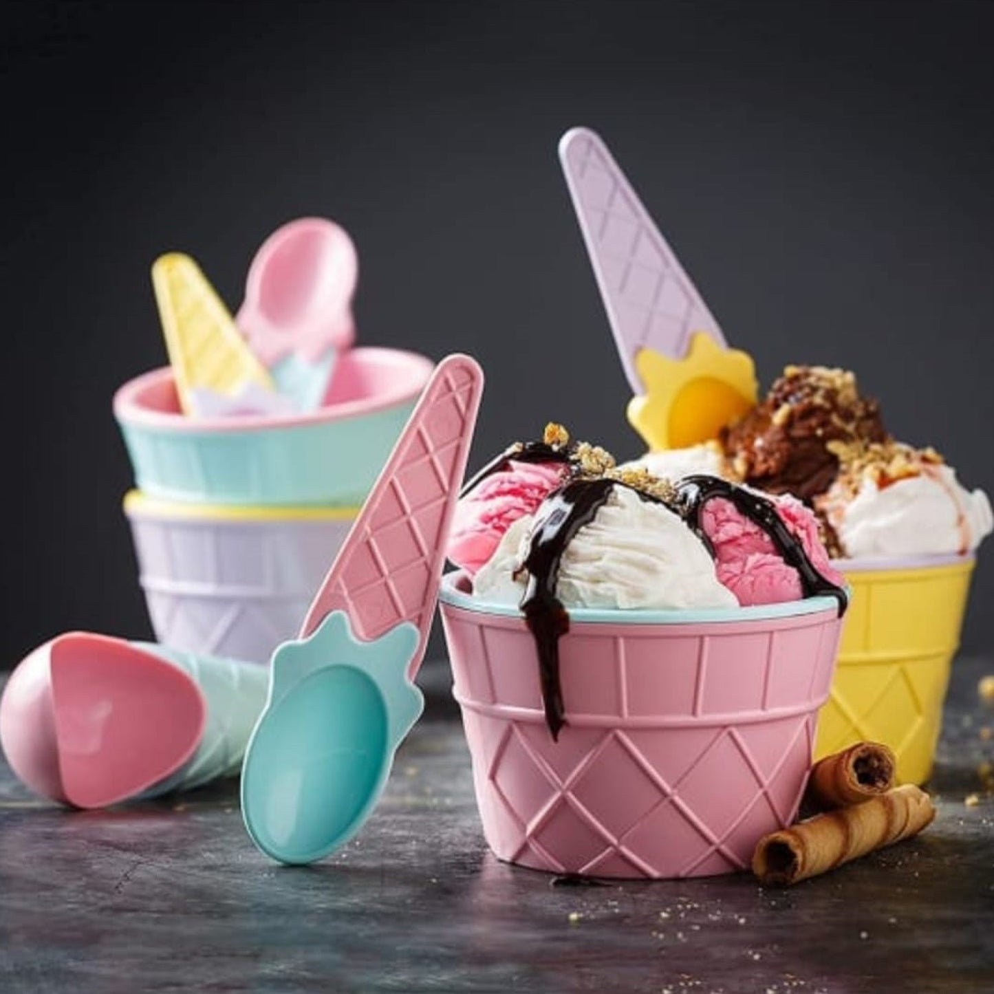 Premium Ice Cream Waffle Spoon Bowl Set (6-Piece , Color Box) signaturekarts