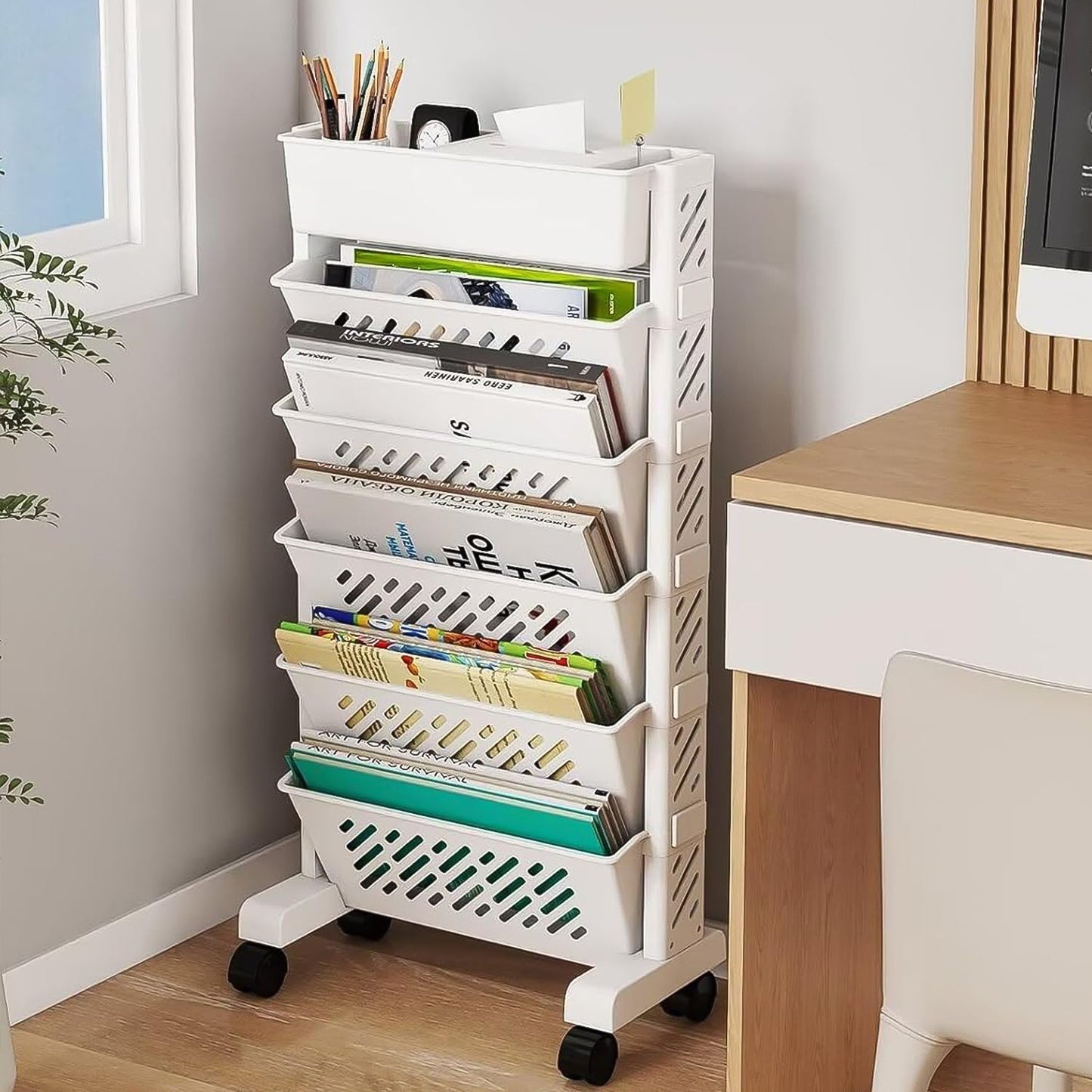 Movable Bookshelf, Large Capacity Rotatable Plastic Rolling Organization Shelf / Rack Signature kart