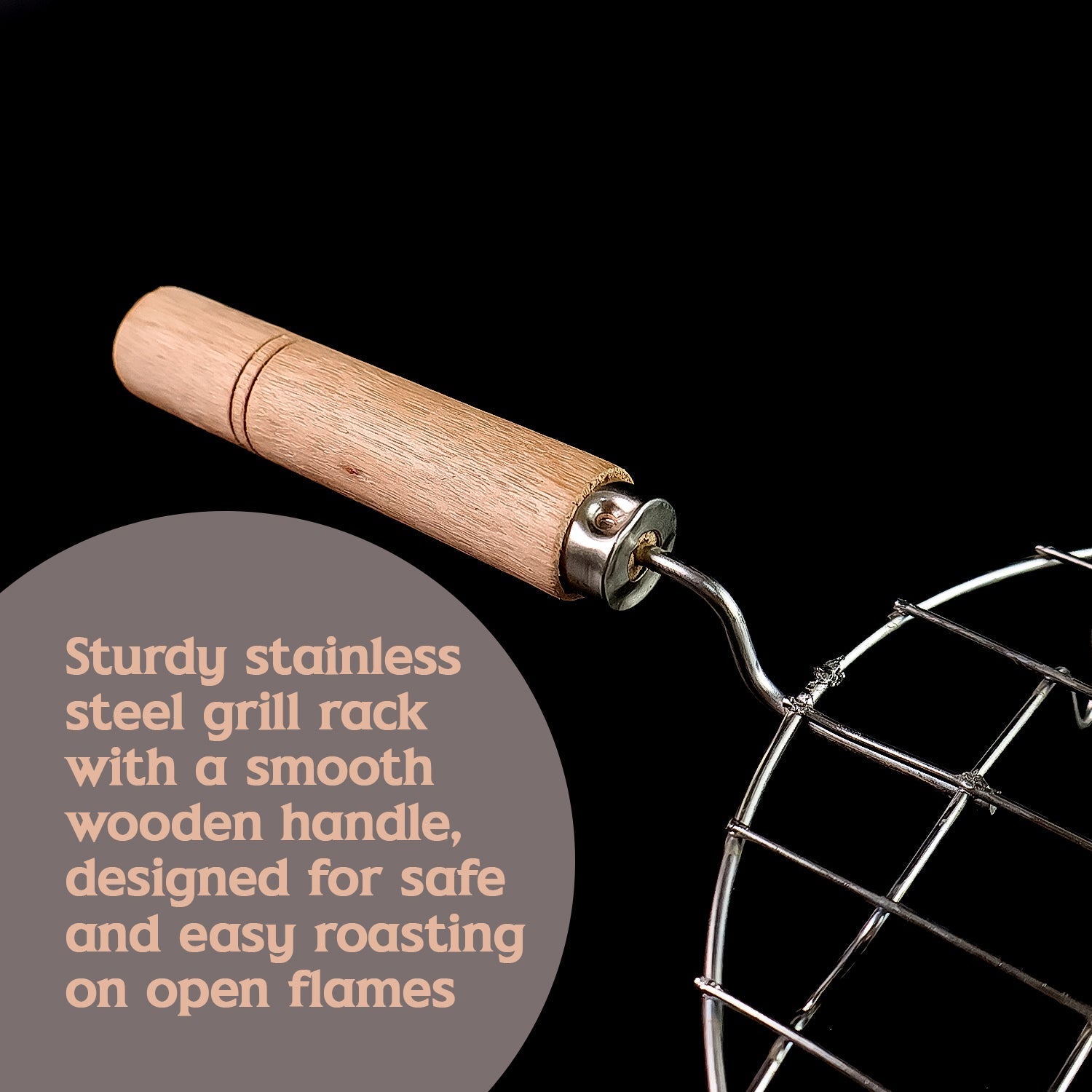 Kitchen Round Stainless Steel Roaster Papad Jali, Barbecue Grill with Wooden Handle Signature Kart