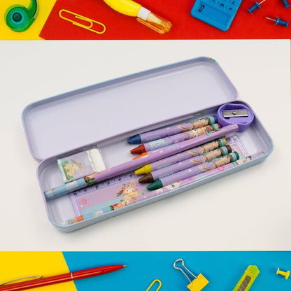 Stationery Kit for Kids - Metal Pencil Box, Sharpener, Pencil & Eraser (12 Pc Set) signaturekarts