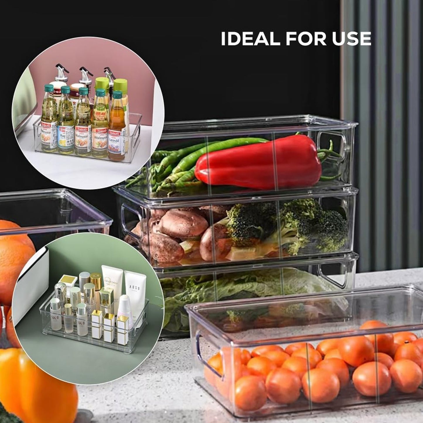 Plastic Refrigerator Organizer Bins, 1 Stackable Fridge Organizers with Handle, Clear Organizing Food Fruit Vegetables Pantry Storage Bins for Freezer kitchen Cabinet Organization and Storage (1 Pc Mix Color) signaturekarts