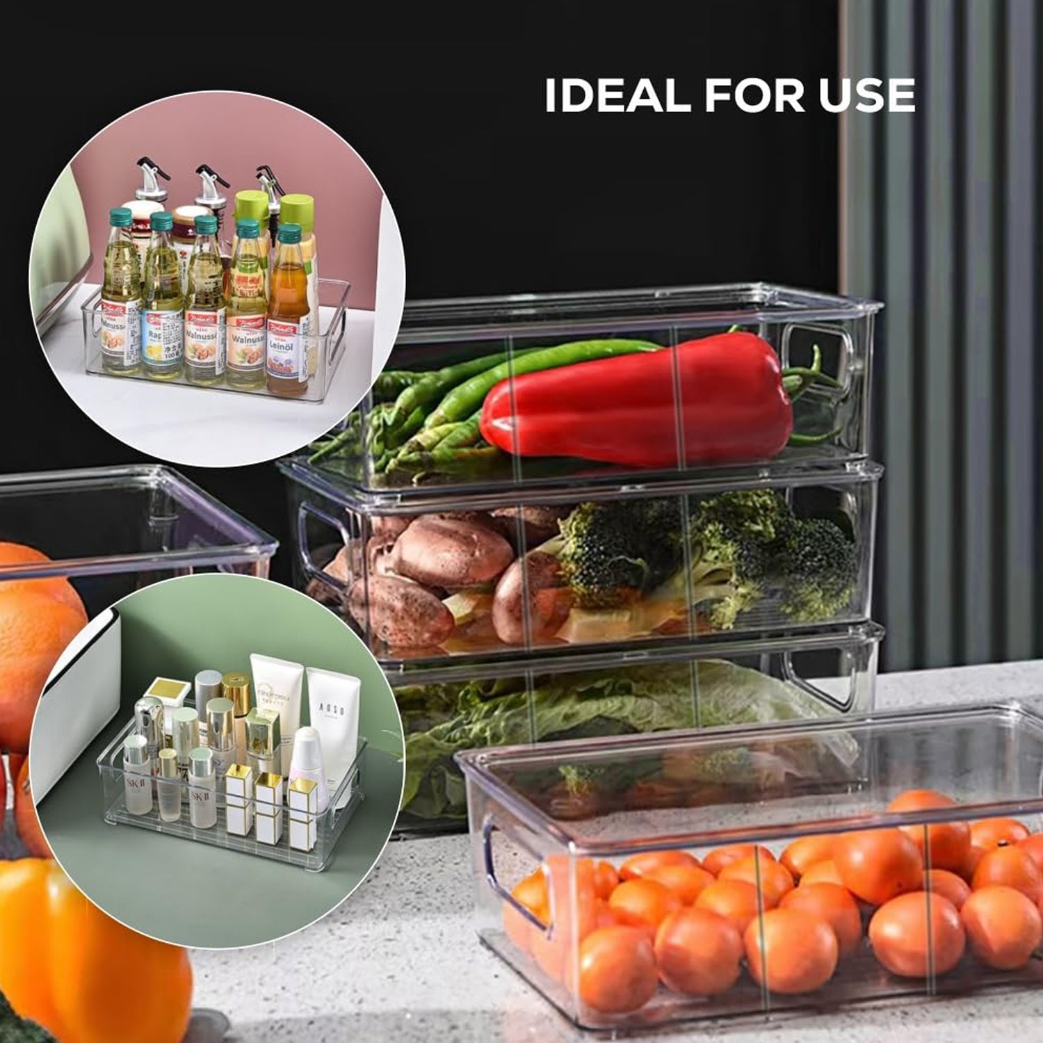 Plastic Refrigerator Organizer Bins, 1 Stackable Fridge Organizers with Handle, Clear Organizing Food Fruit Vegetables Pantry Storage Bins for Freezer kitchen Cabinet Organization and Storage (1 Pc Mix Color) signaturekarts
