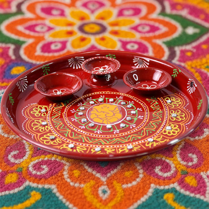 Hand-Painted Decorative Pooja Thali with Ganesha Motif and Diyas Signature kart