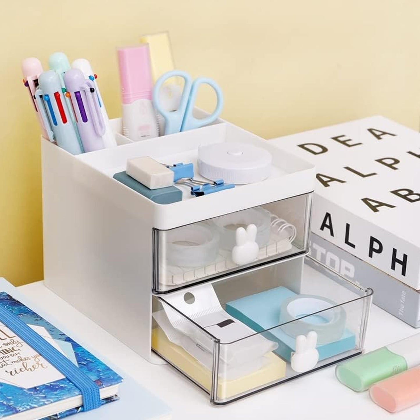 2 Layer 5 Compartment Desk Organizer with Transparent Drawer (1 Pc / 15×13×11 Cm) Signaturekarts