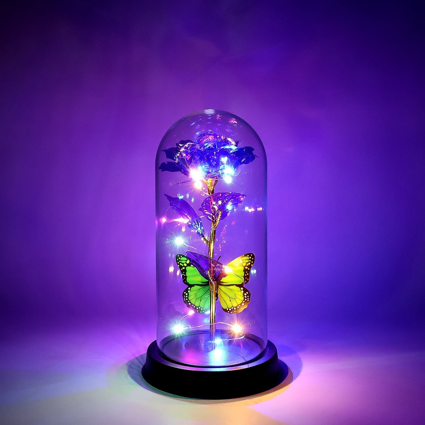LED Preserved Rose with Colorful Butterfly in Plastic Dome (1 Pc & Mix Color) Signature kart