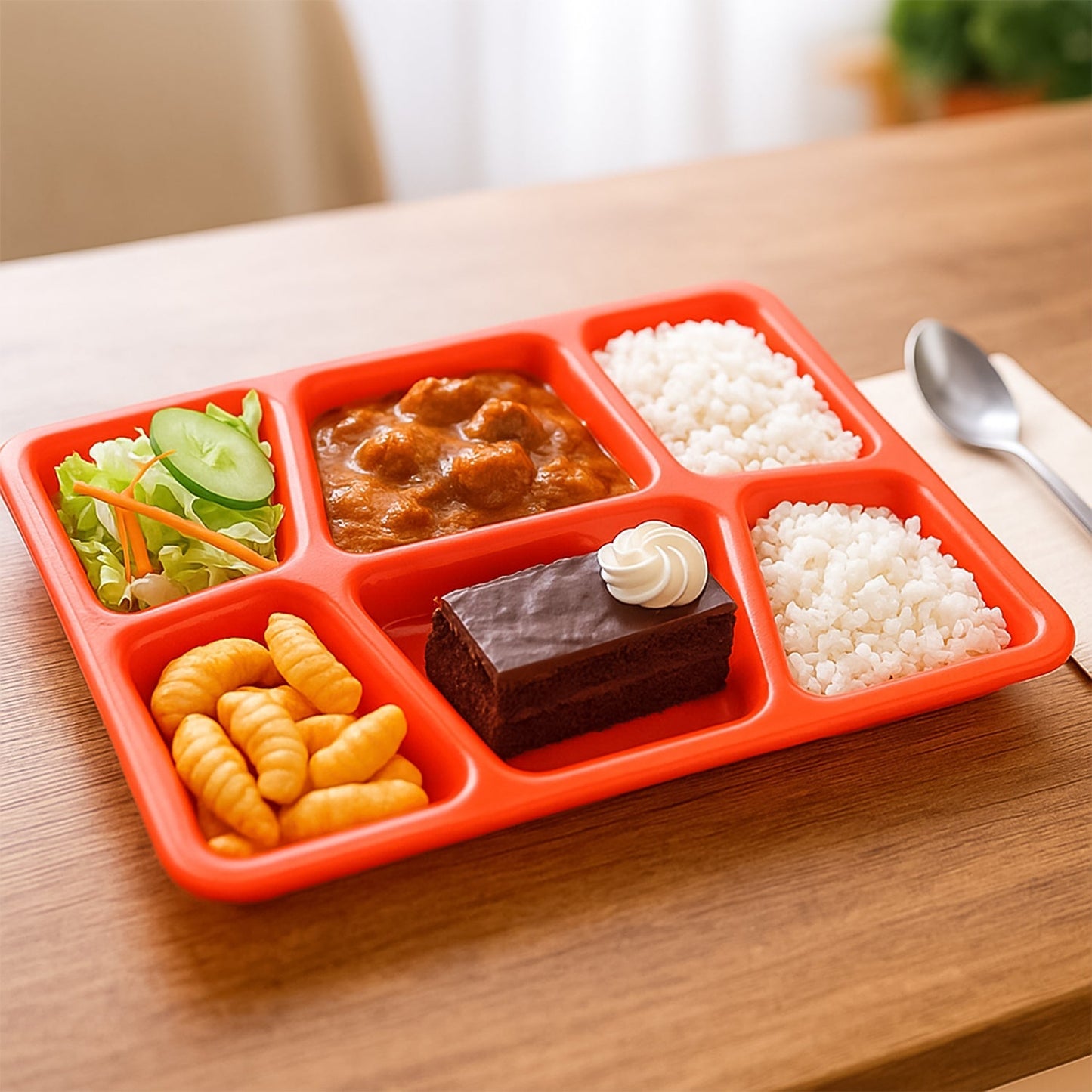 Plastic Multi-Compartment Rectangular Meal Serving Tray / Plate (1 Pc / Red) signaturekarts