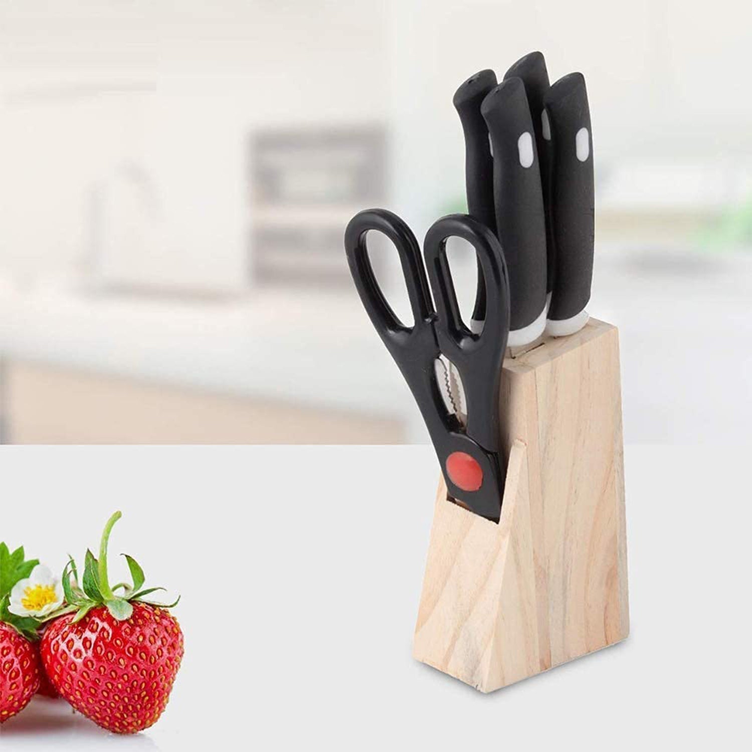 Kitchen Knife Set with Wooden Block and Scissors (5 pcs, Black) signaturekarts
