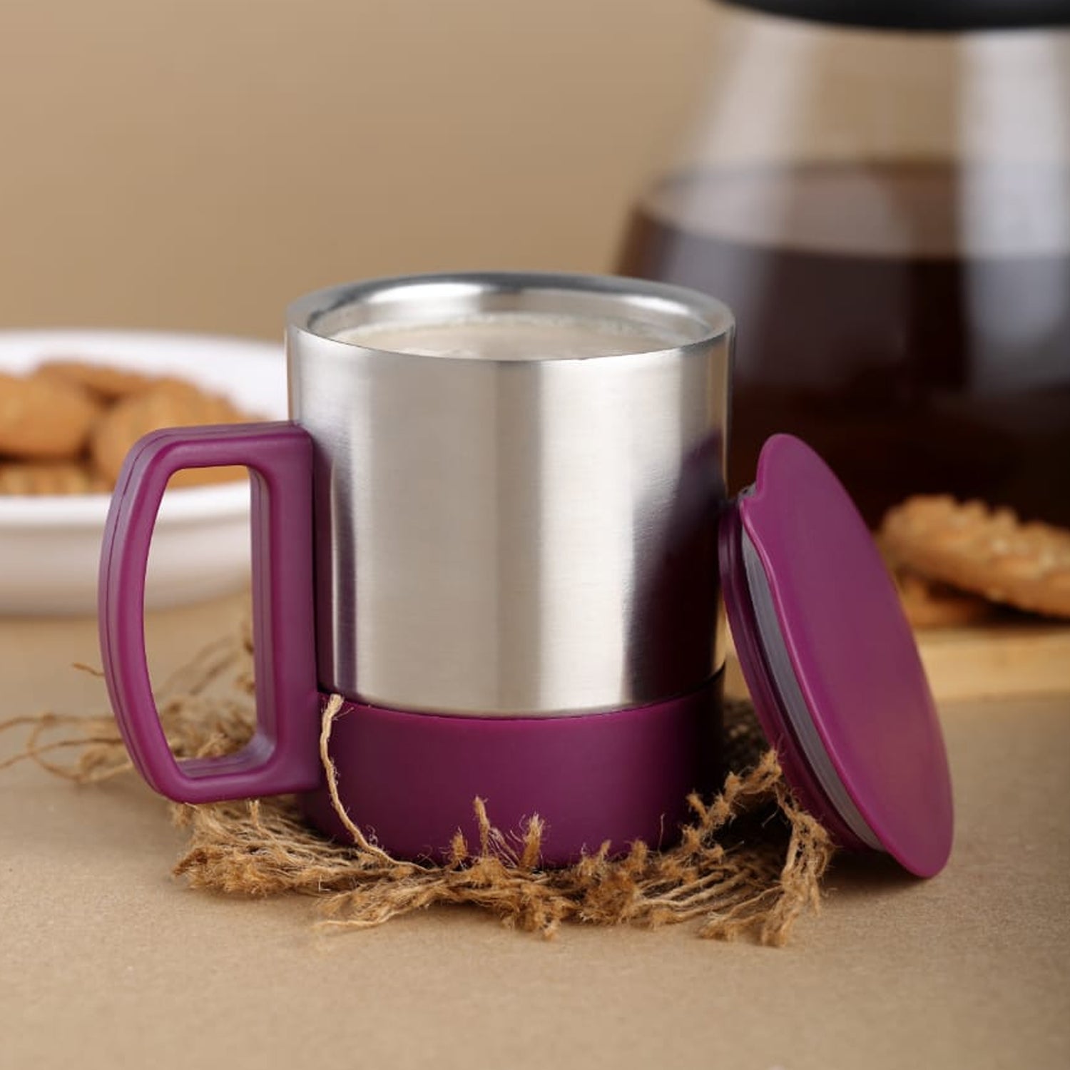 Stainless Steel Coffee/Tea Cup, Stainless Steel Lid Cover Hot Coffee/Tea Mug Hot Insulated Double Wall Stainless Steel, Coffee and Milk Cup with Lid & Handle Easy To Carry - Coffee Cup (1 Pc) signaturekarts