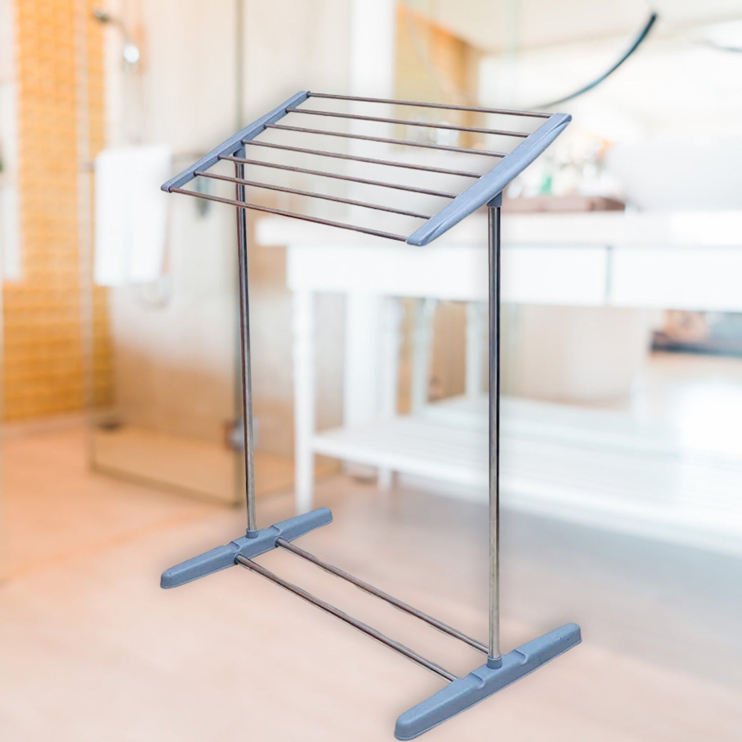 Multi-Functional Single Tier Mobile Towel Foldable Rack for Cloth and Towel / Stainless Steel and Plastic Made Mobile Towel and Cloth Rack Holder Indoor / Outdoor Standing Movable Cloth Dryer Rack, Balcony Cloth Drying Stand signaturekarts