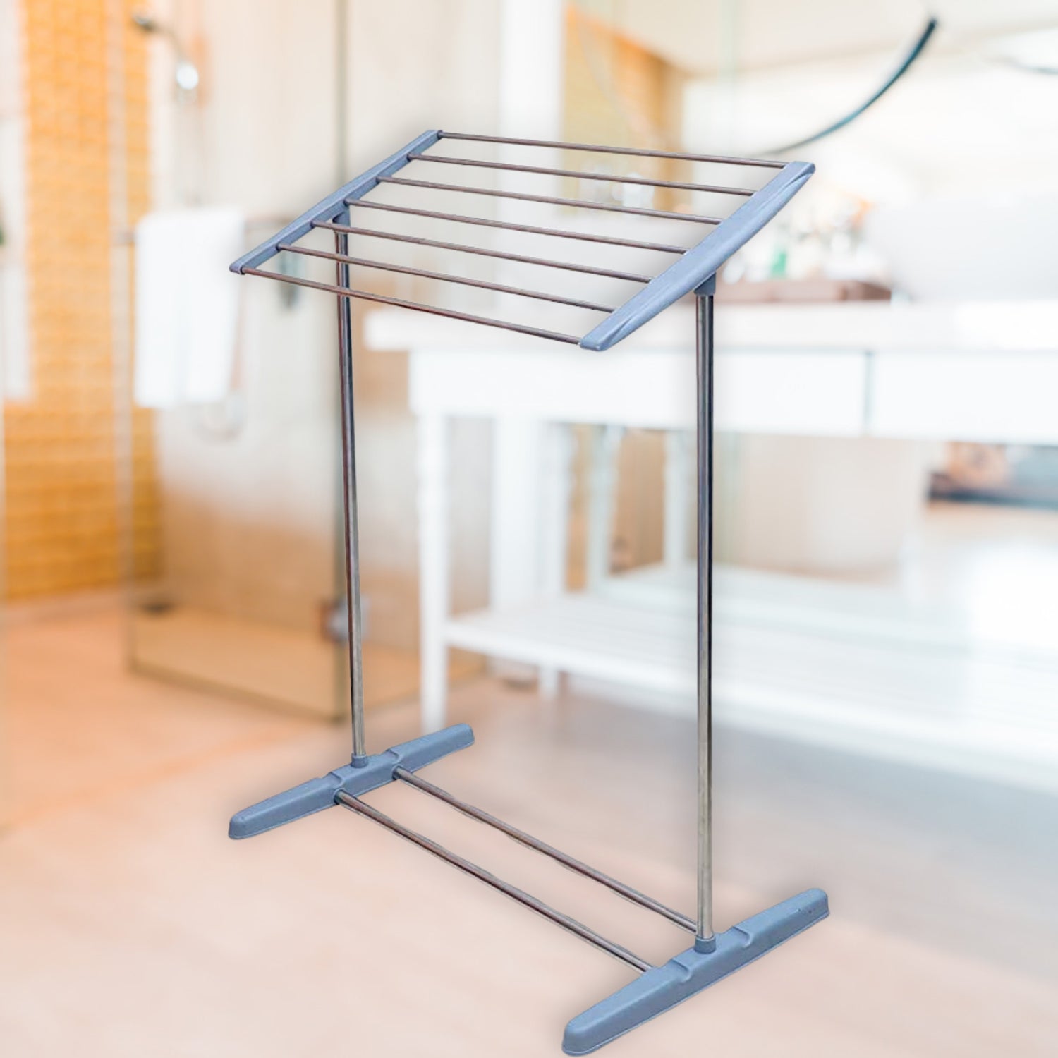 Multi-Functional Single Tier Mobile Towel Foldable Rack for Cloth and Towel / Stainless Steel and Plastic Made Mobile Towel and Cloth Rack Holder Indoor / Outdoor Standing Movable Cloth Dryer Rack, Balcony Cloth Drying Stand signaturekarts