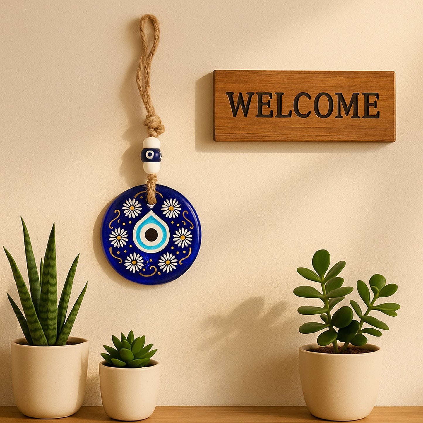 Decorative Evil Eye Wall Hanging Nazar Protector Charm with Beads, Wind Chime (1 Pc) Signature Kart