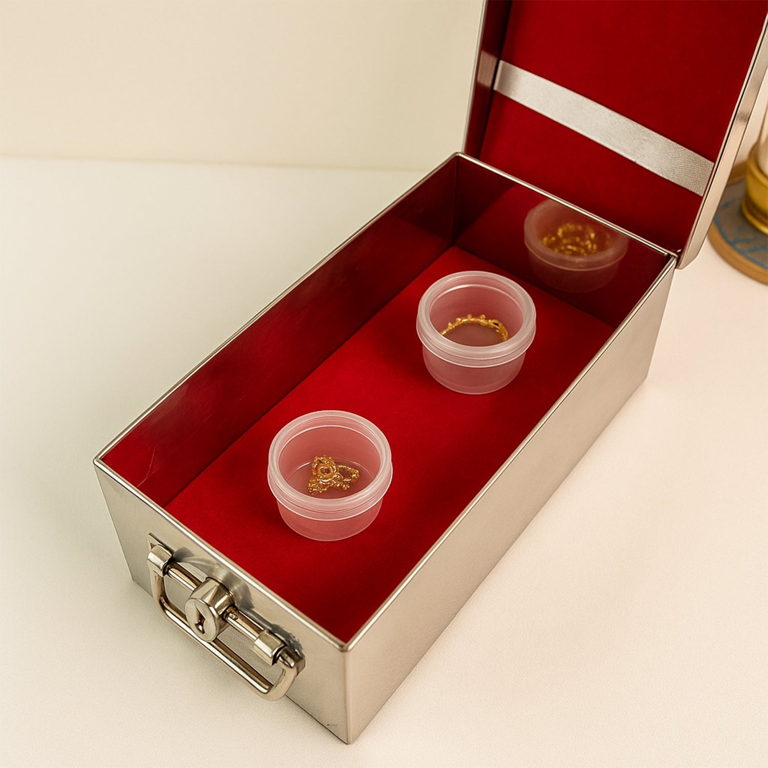 Premium Stainless Steel Velvet Lined Jewellery Storage Box with Lock and Red Interior Signature Kart