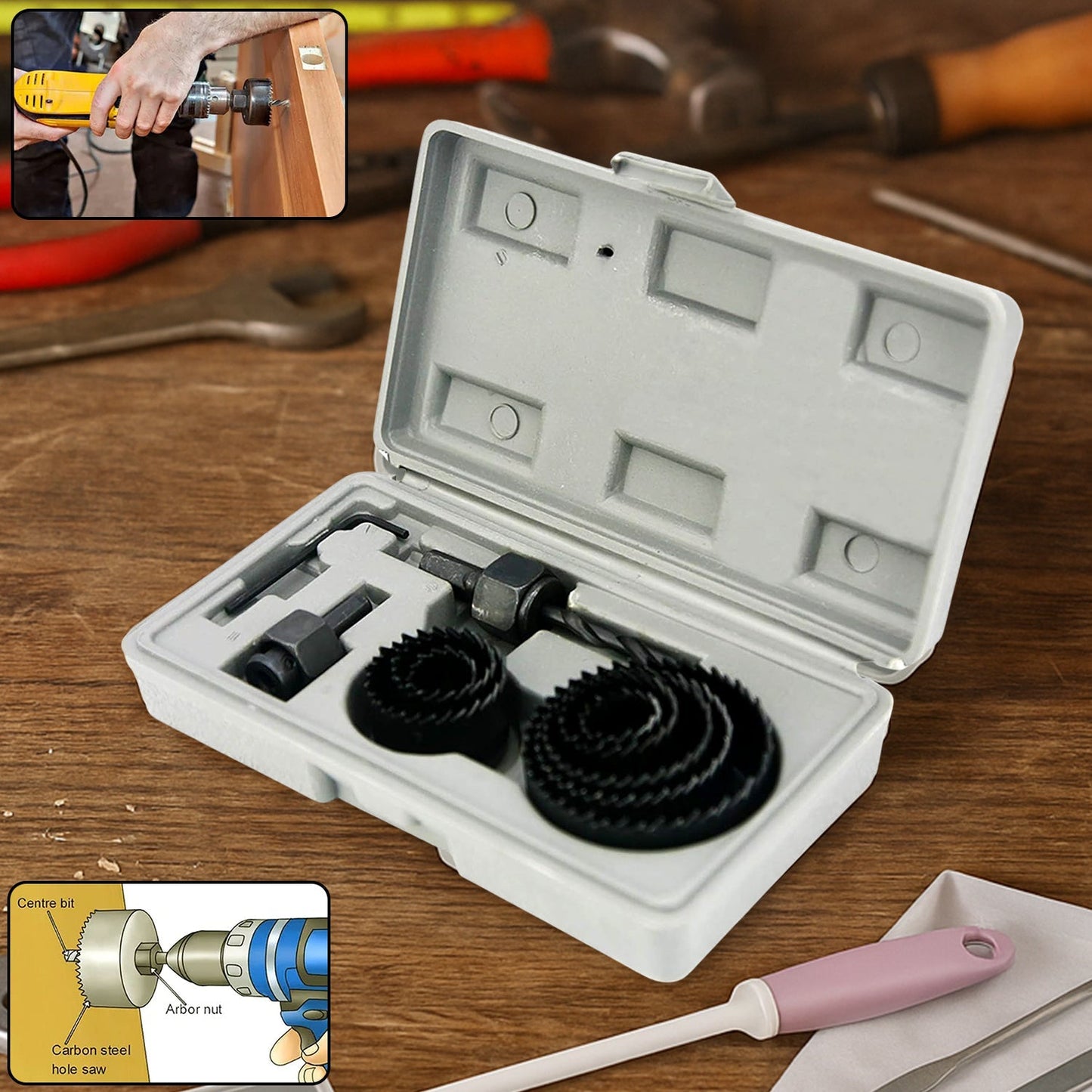 Wood Hole Saw Cutting Set (11 pcs, 19-64mm, Multicolour) signaturekarts