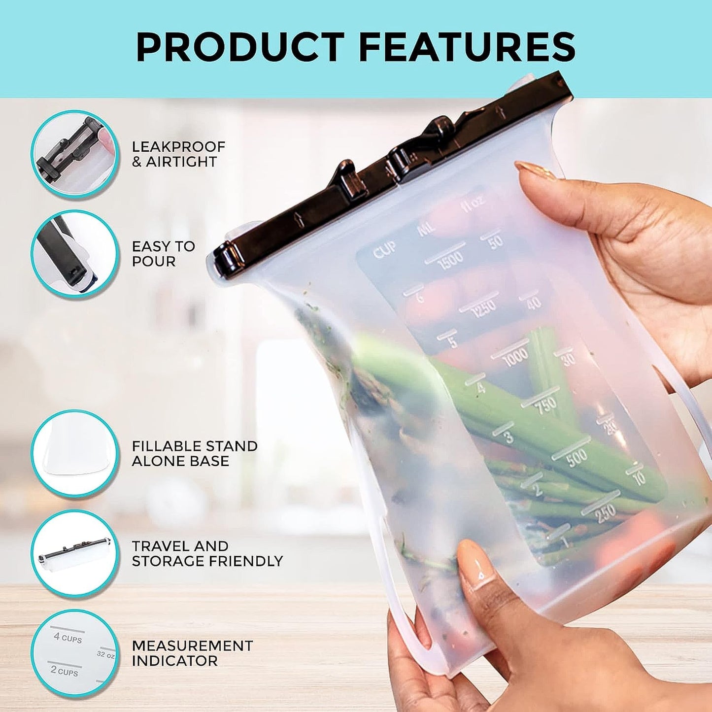 Reusable Silicone Food Storage Bag Leakproof Flat Bottom Freezer 1 Pc signaturekarts