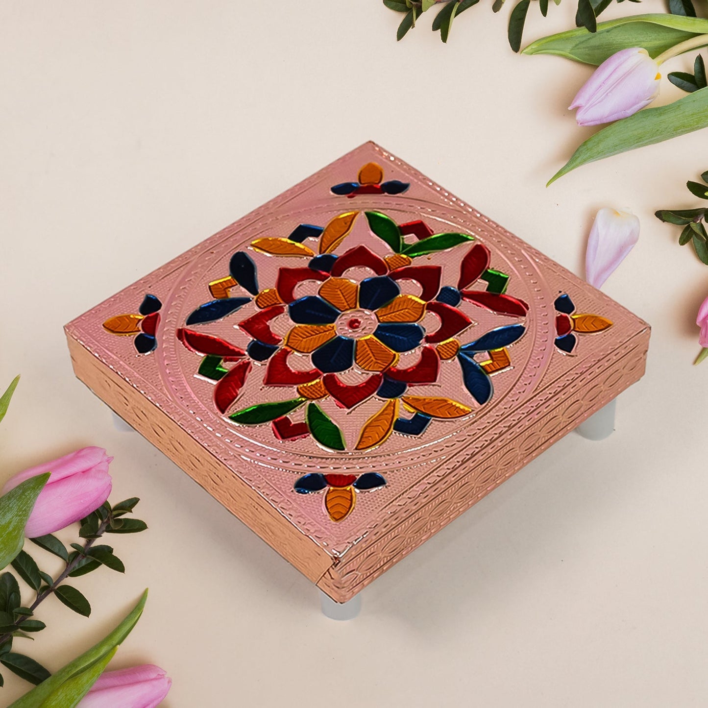 1 Pc Meenakari Wooden Chowki & Bajot Set: For Home & Office Puja (Multicolor) signaturekarts