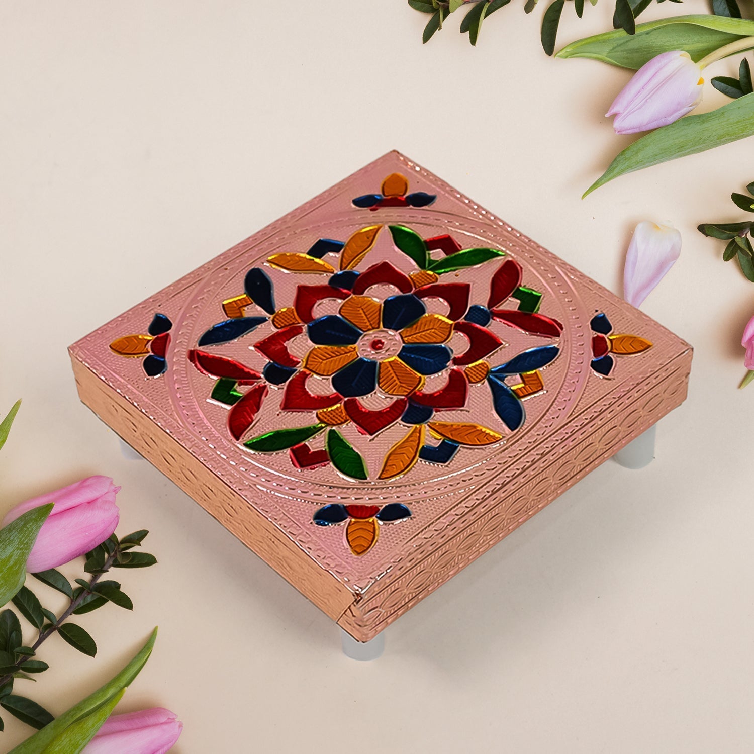 1 Pc Meenakari Wooden Chowki & Bajot Set: For Home & Office Puja (Multicolor) signaturekarts