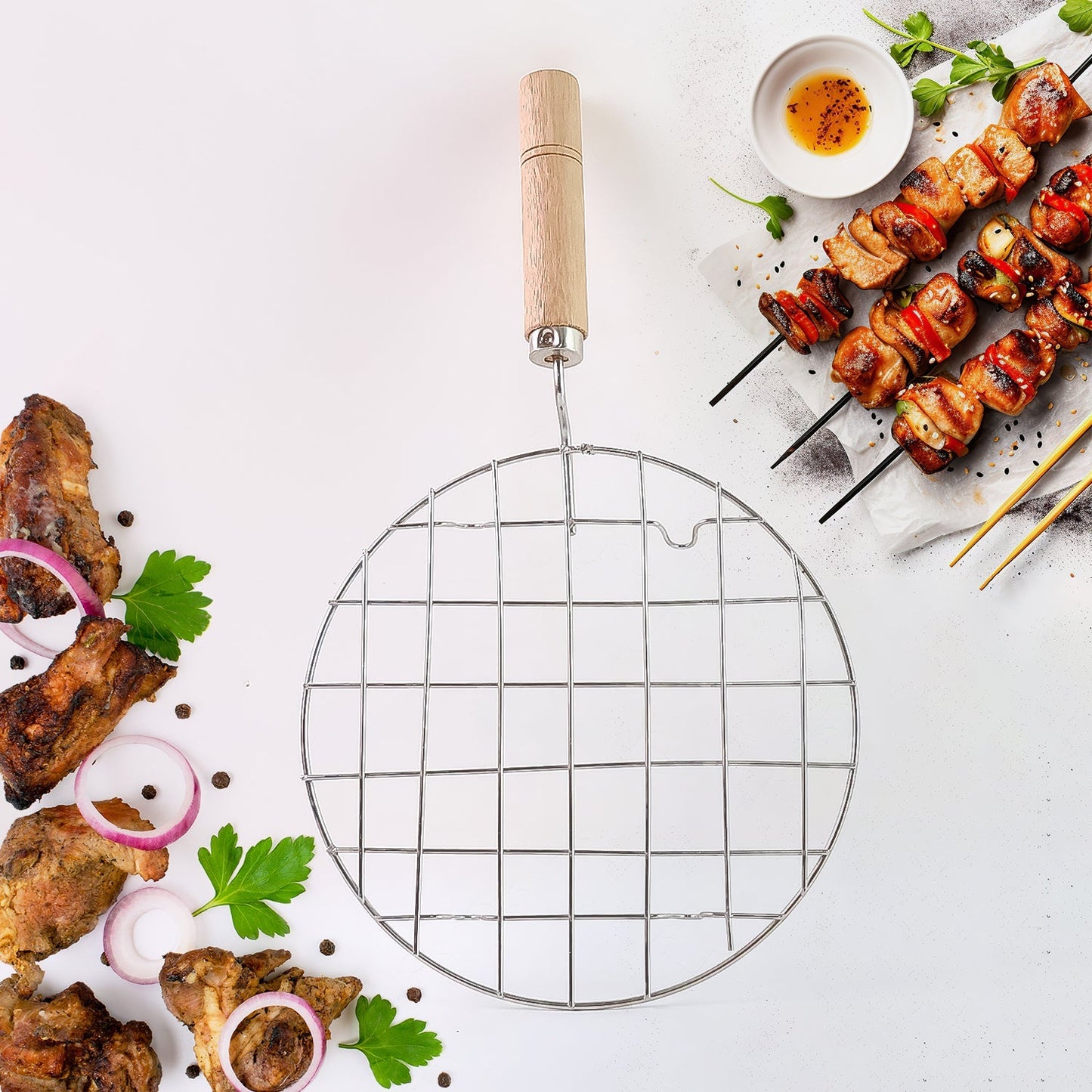 Kitchen Round Stainless Steel Roaster Papad Jali, Barbecue Grill with Wooden Handle Signature Kart