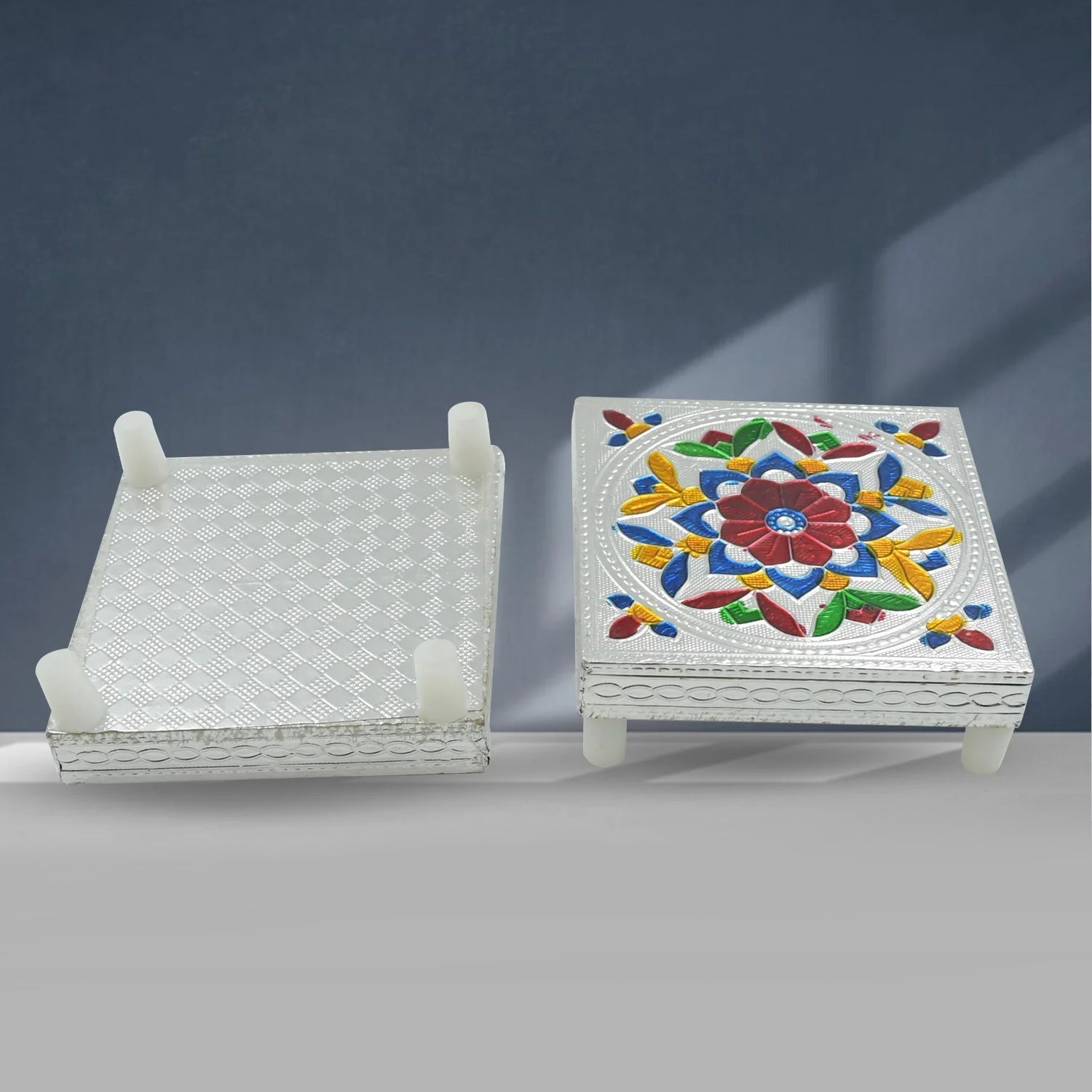 1 Pc Meenakari Wooden Chowki & Bajot Set: For Home & Office Puja (Multicolor) signaturekarts