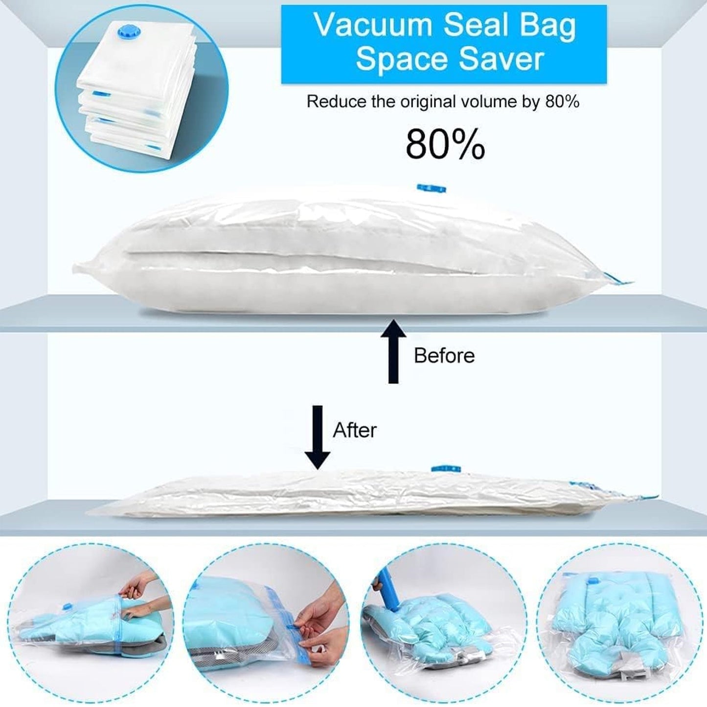 Vacuum Storage Bags with Suction Pump & Shirt clips - Vacuum Bags - Big Capacity Vacuum Seal Bags for Travel Clothes Blankets Pillows, Compression Bags | Space Saver Vacuum Storage Bags (5 Pcs Set) Signature Kart