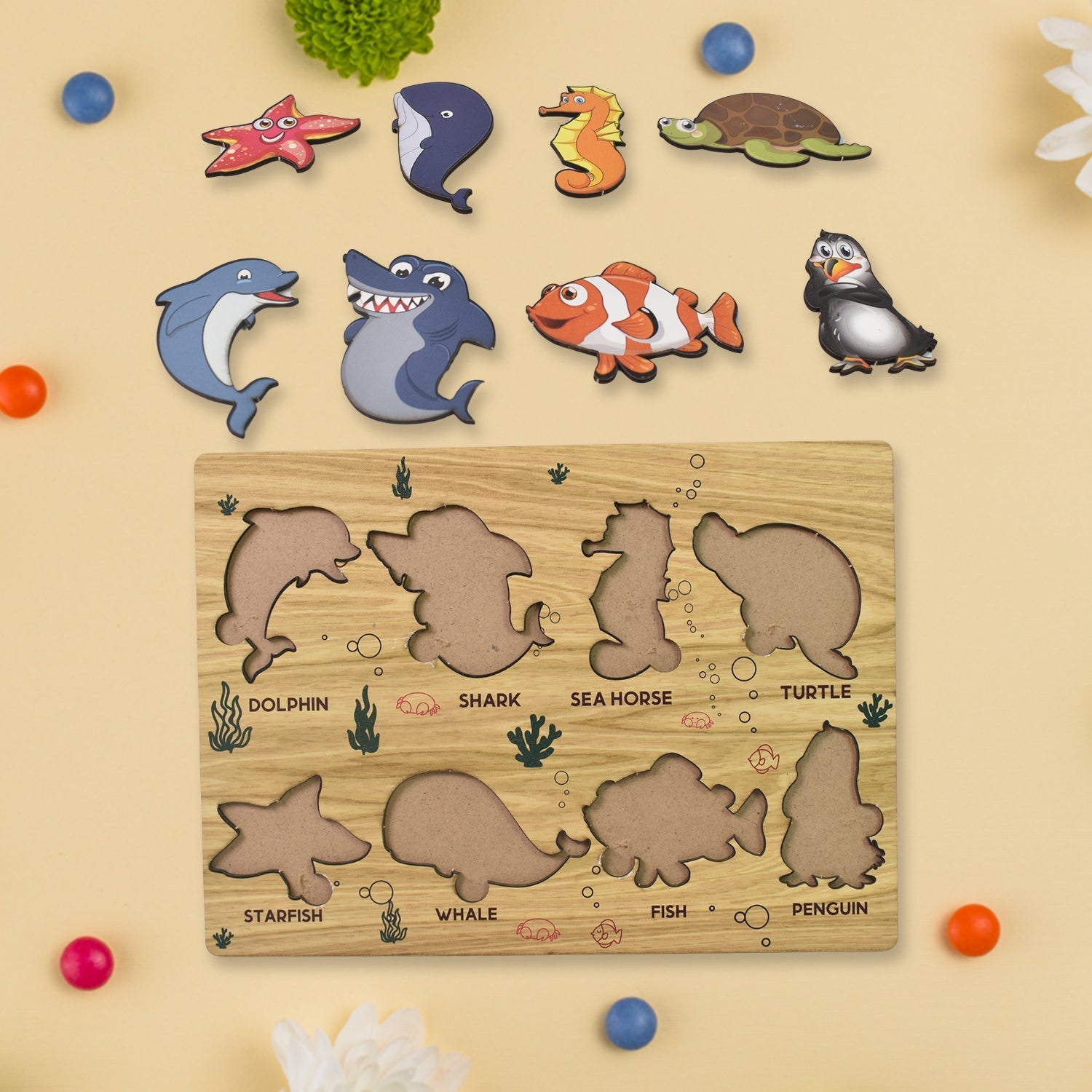 Seawater Animal Wooden Puzzle Learning Educational Board (1 Set) Signaturekarts