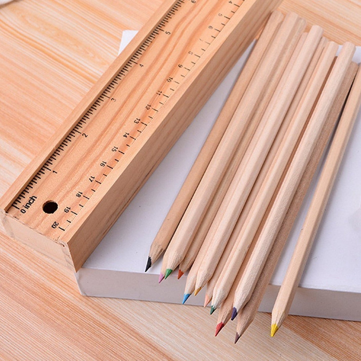 Colorful Wooden Pencil Set with Pencil box, Ruler, Sharpener (12 Pcs Set) signaturekarts