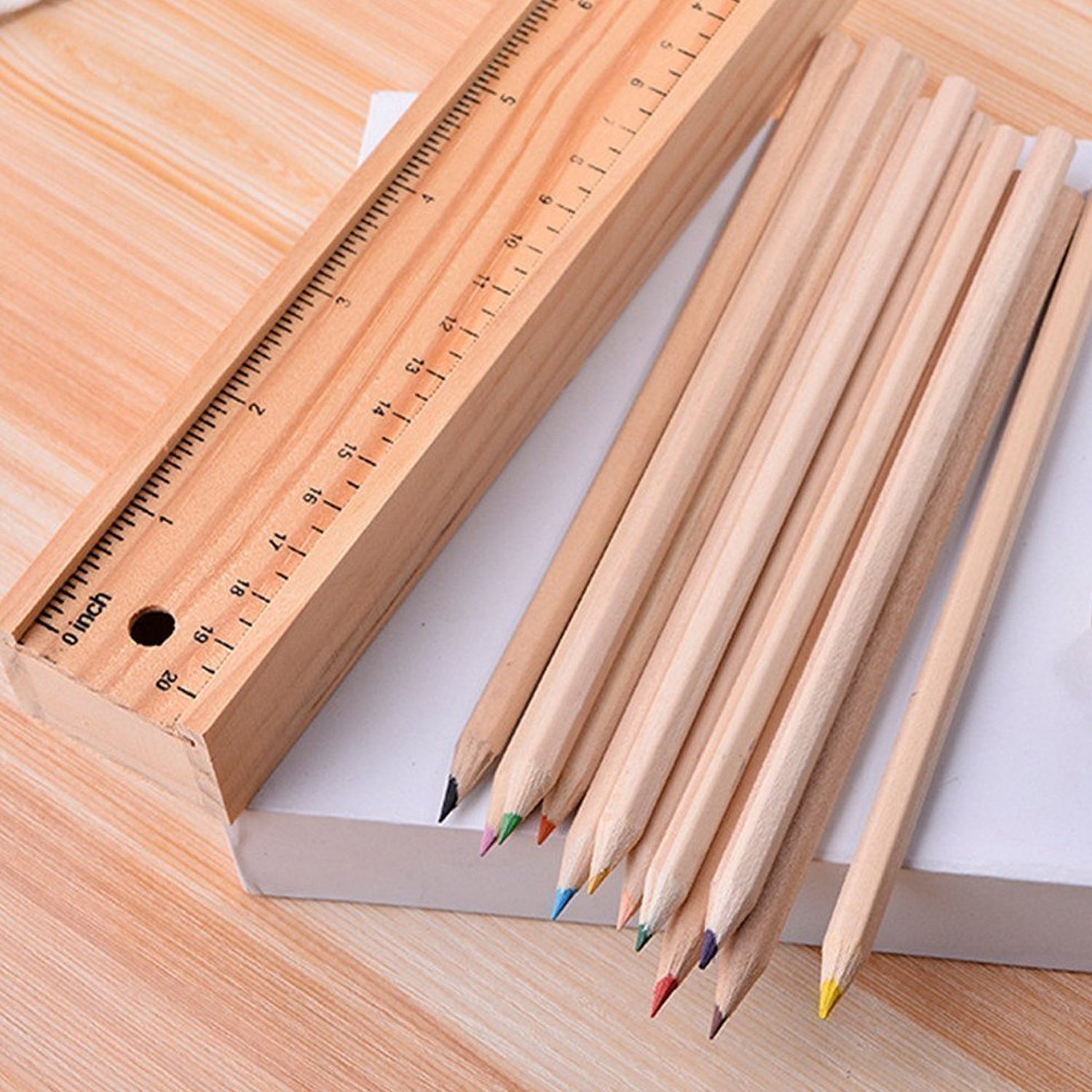 Colorful Wooden Pencil Set with Pencil box, Ruler, Sharpener (12 Pcs Set) signaturekarts