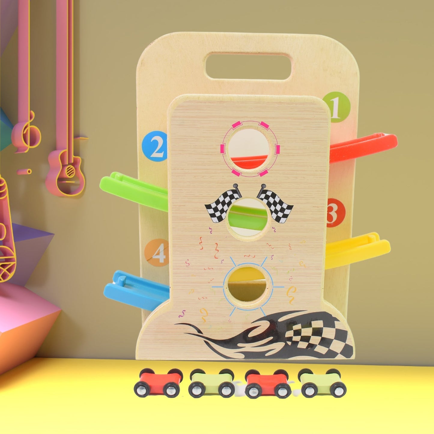 Wooden Ramp Racer Race Track Vehicle Play sets With 4 Mini Racers (with Handle) Signaturekarts