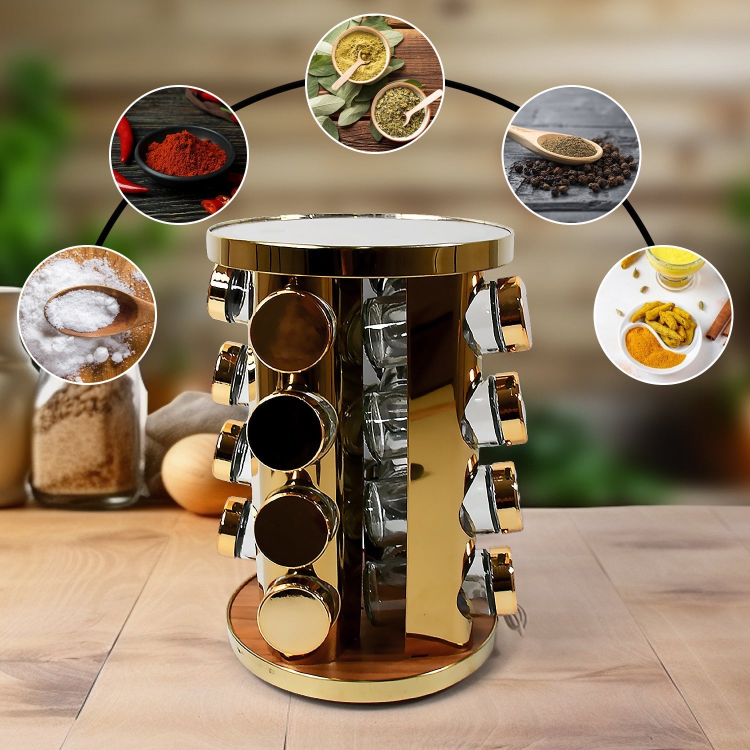 LED Spice Rack Organizer, Rotating Spice Rack  (Golden / 16 Pc / MOQ - 6 pc) signaturekarts