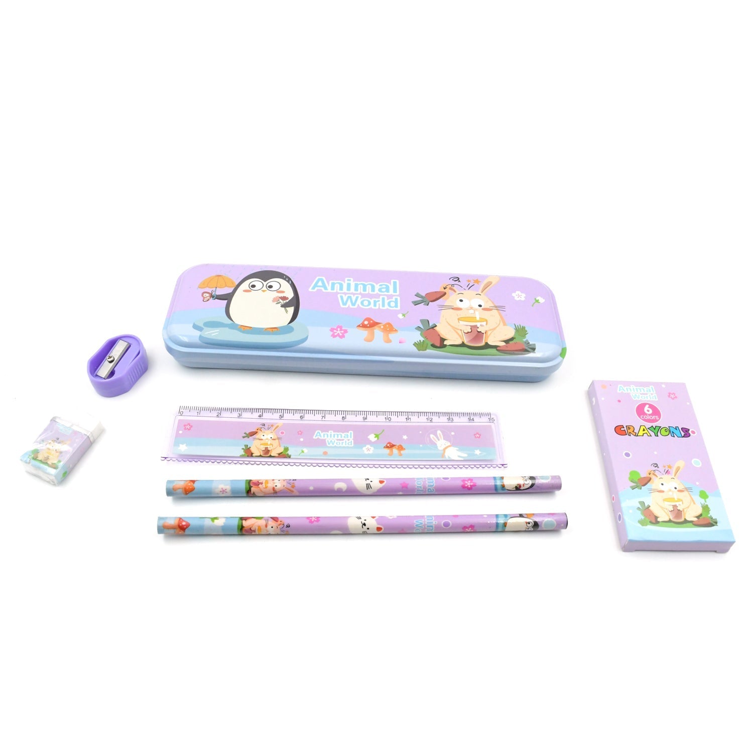 Stationery Kit for Kids - Metal Pencil Box, Sharpener, Pencil & Eraser (12 Pc Set) signaturekarts