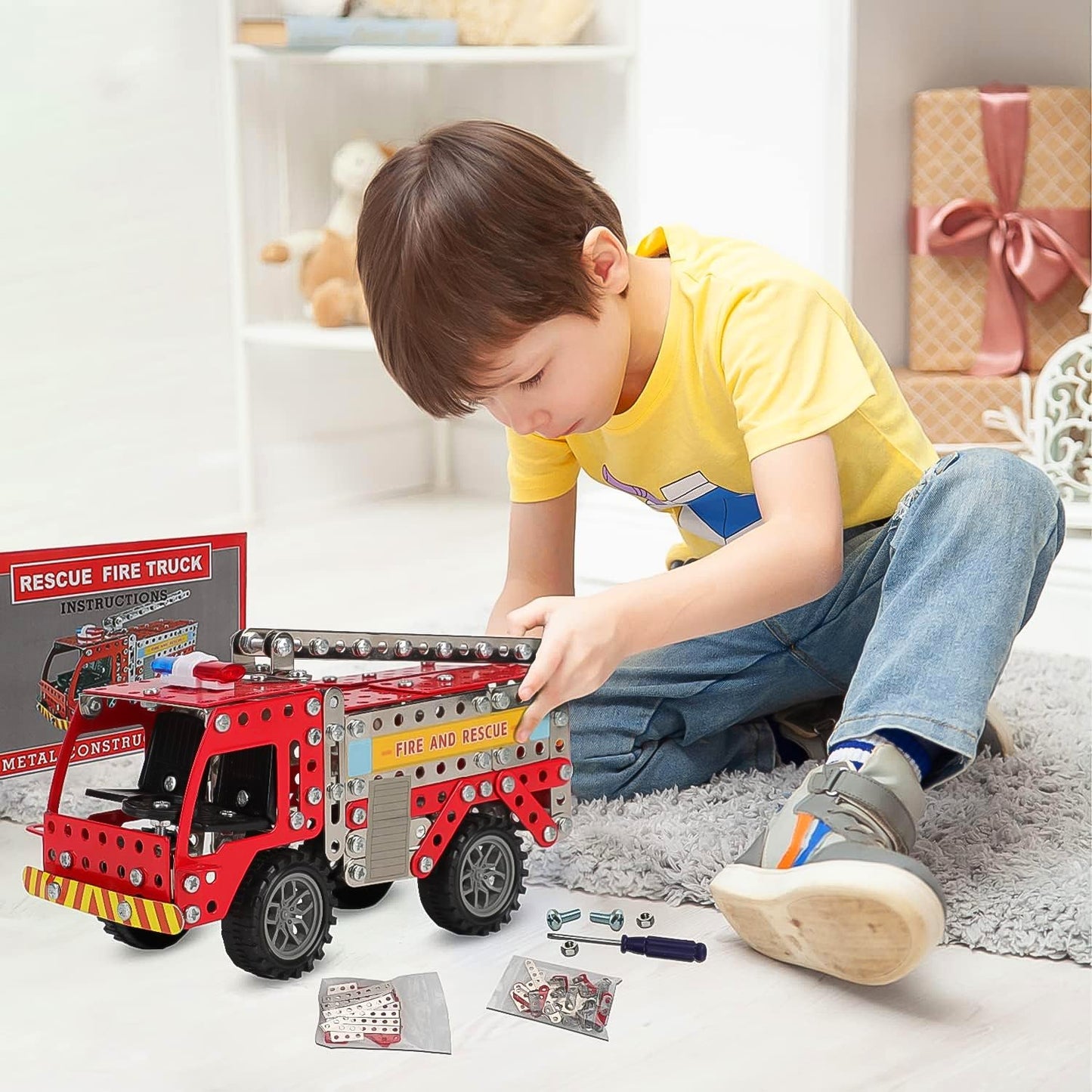 Metal DIY Fire Truck Building Blocks Kids (Fire Truck / 292pcs of truck tool / 1 Set) Signaturekarts