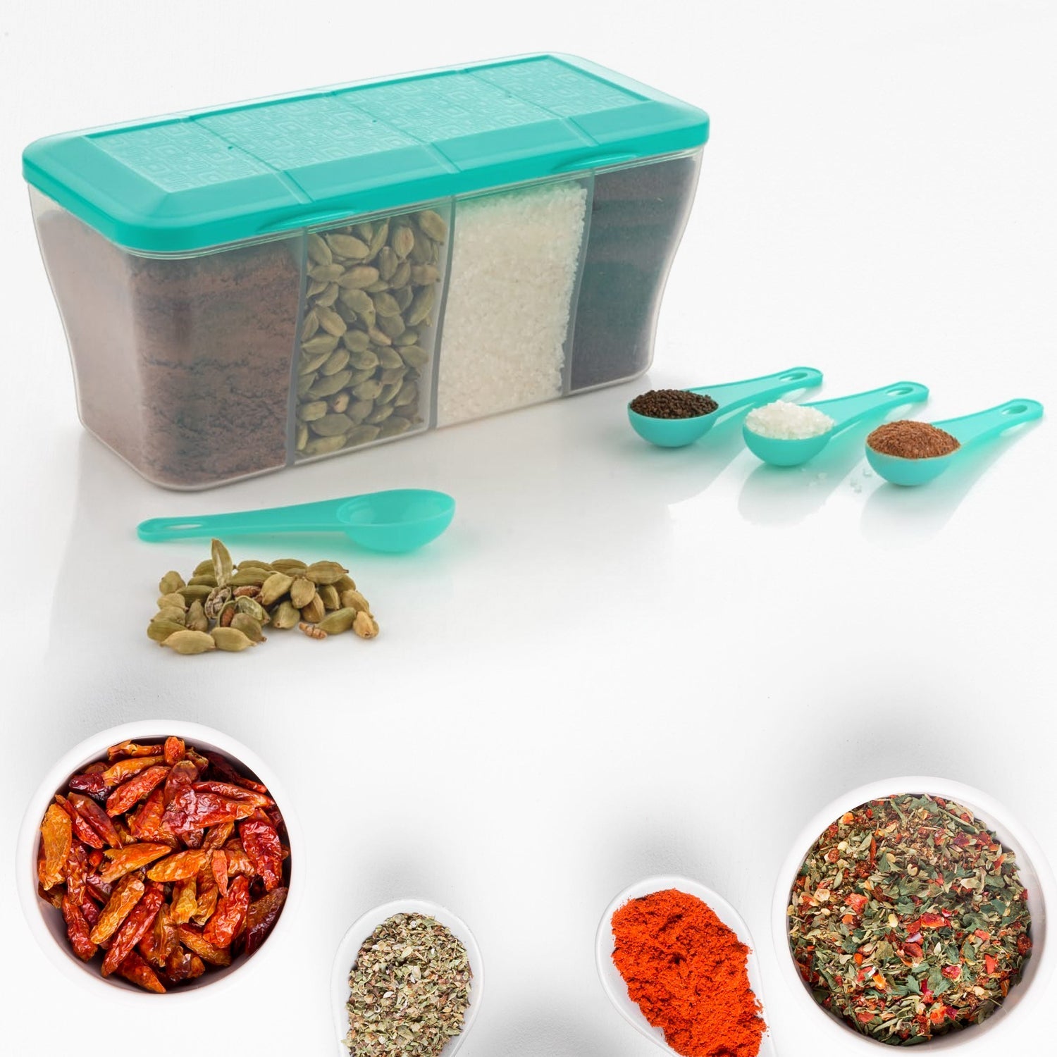 Kitchen Airtight 4-Section Storage Container / Pickle Jar 4 Spoons (1 Pc / Mix Color) signaturekarts