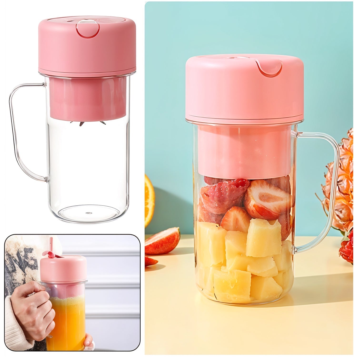 Portable Crusher Juicer With Handle & Straw, USB Rechargeable Multi Blades (420 ML) signaturekarts