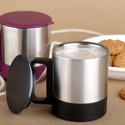 Stainless Steel Coffee/Tea Cup, Stainless Steel Lid Cover Hot Coffee/Tea Mug Hot Insulated Double Wall Stainless Steel, Coffee and Milk Cup with Lid & Handle Easy To Carry - Coffee Cup (1 Pc) signaturekarts