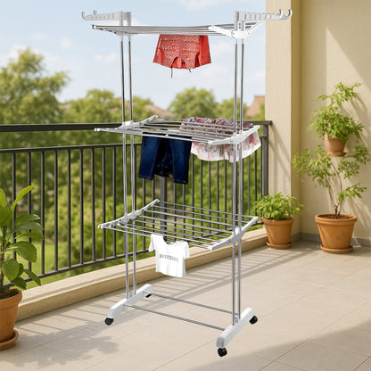3-Tier Foldable Stainless Steel Cloth Drying Stand with Wheels Signature Kart
