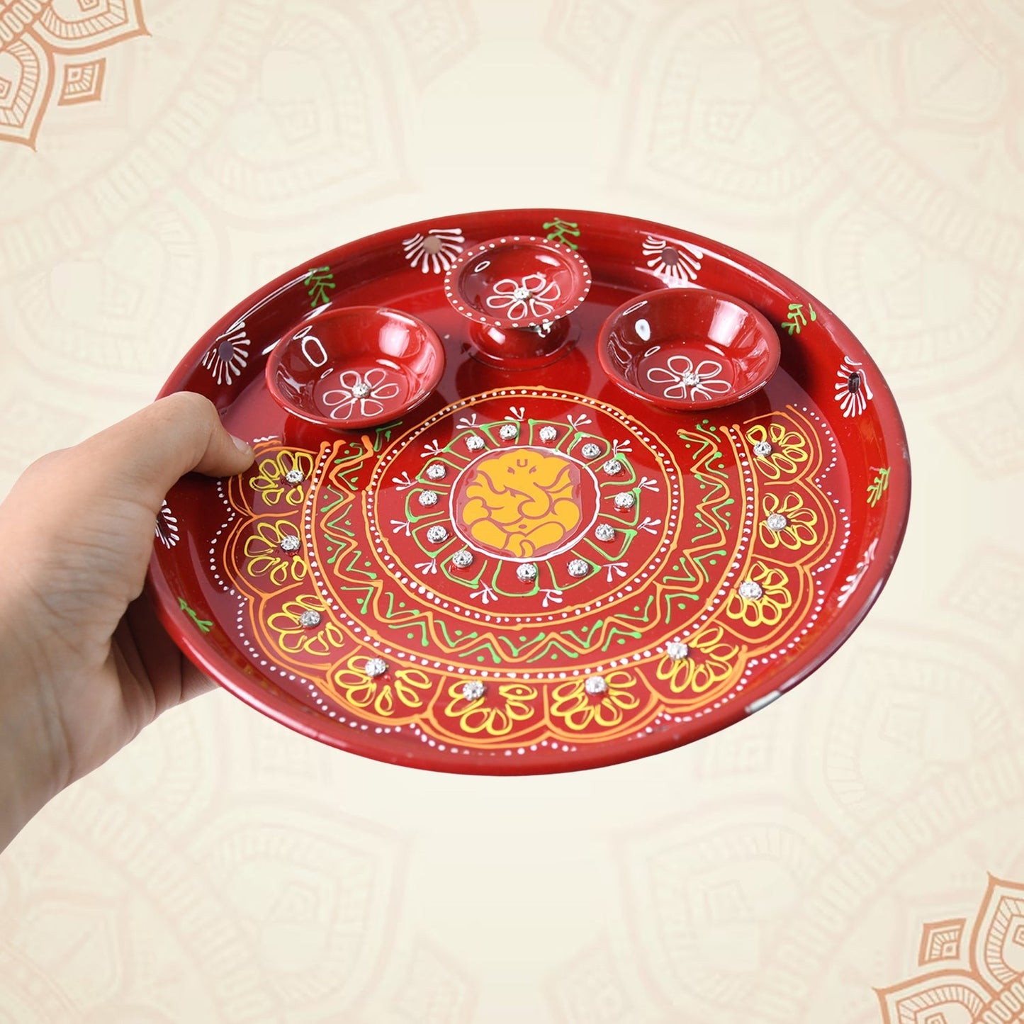 Hand-Painted Decorative Pooja Thali with Ganesha Motif and Diyas Signature kart