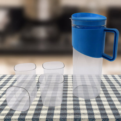 Transparent Premium Jug with Elegant Handle & 4 Plastic Glasses (2000 ML Approx) Signature kart