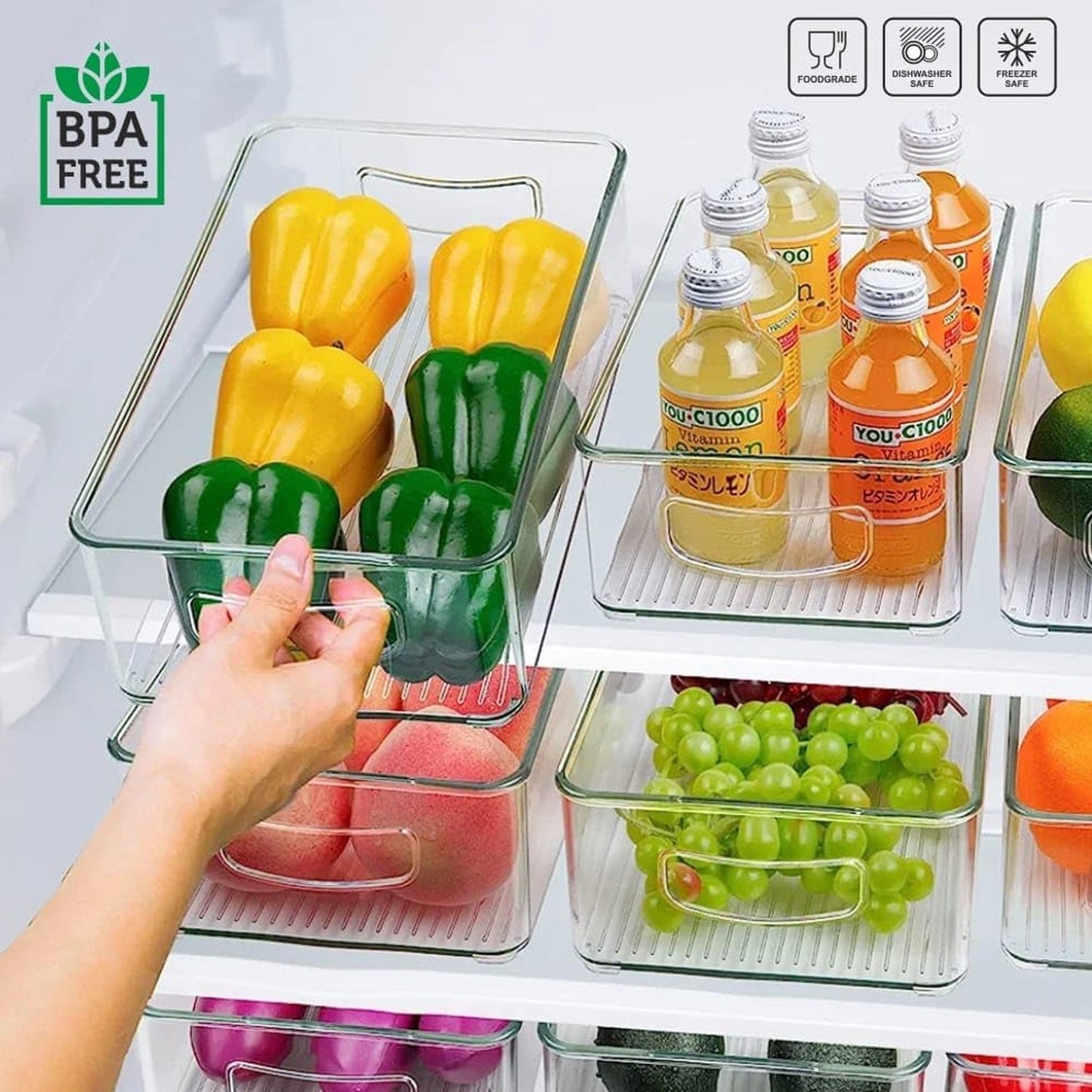 Plastic Refrigerator Organizer Bins, 1 Stackable Fridge Organizers with Handle, Clear Organizing Food Fruit Vegetables Pantry Storage Bins for Freezer kitchen Cabinet Organization and Storage (1 Pc Mix Color) signaturekarts