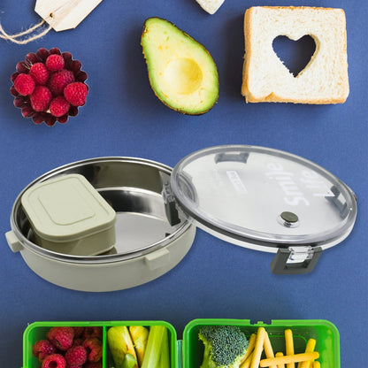 Miracle Stainless Steel Round Lunch Box, with Small Plastic Box Insert Leak Proof Lunch Box with Transparent lid, Lunch Box for Kids & Adults for School, Office (450 ML + 250 ML Approx) signaturekarts
