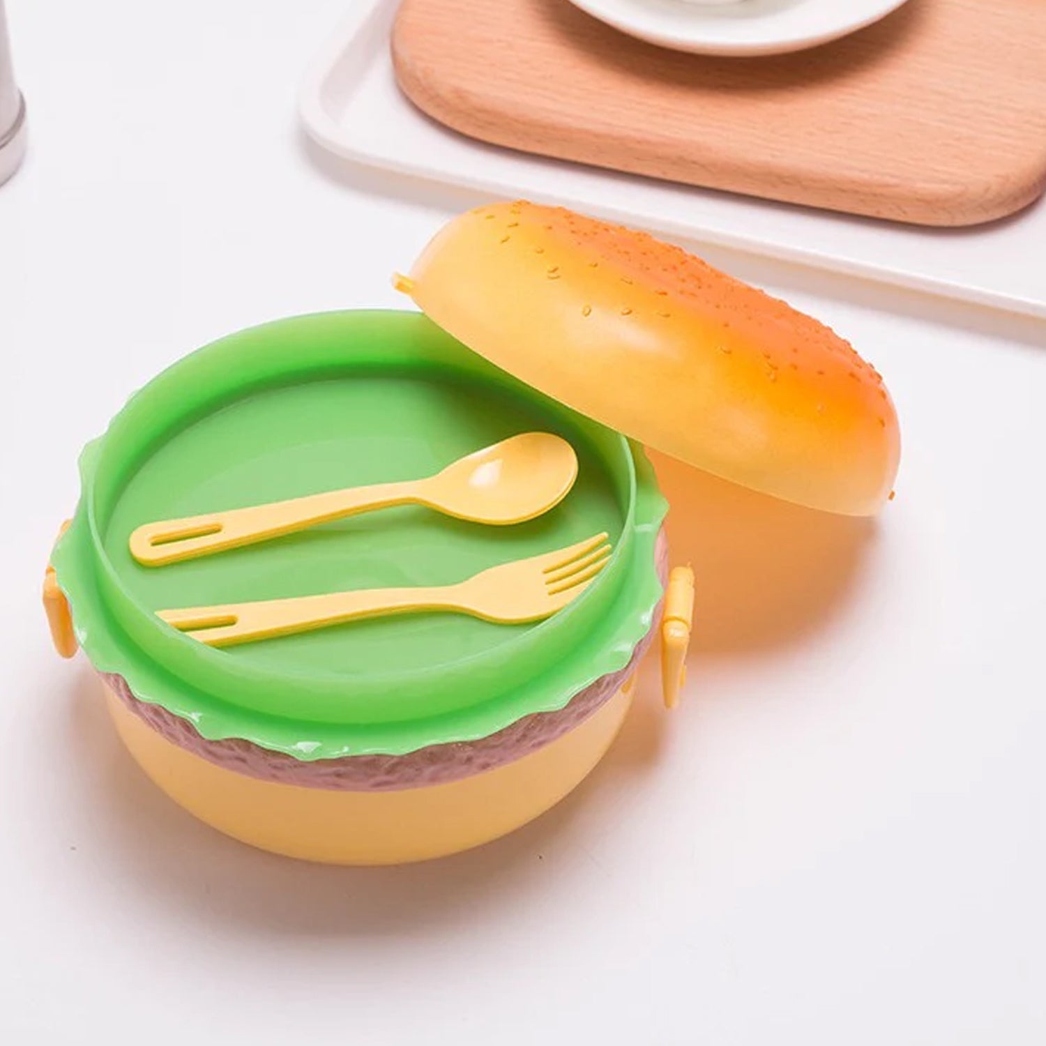 Burger Shape Lunch Box – Double Layer 1000ml Food Container with 2 Spoons for Kids signaturekarts
