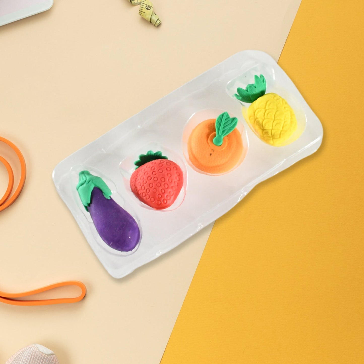 Mini Cute Veg & Fruit Erasers – 3D Colorful Eraser Set for Kids (4 Pc) signaturekarts