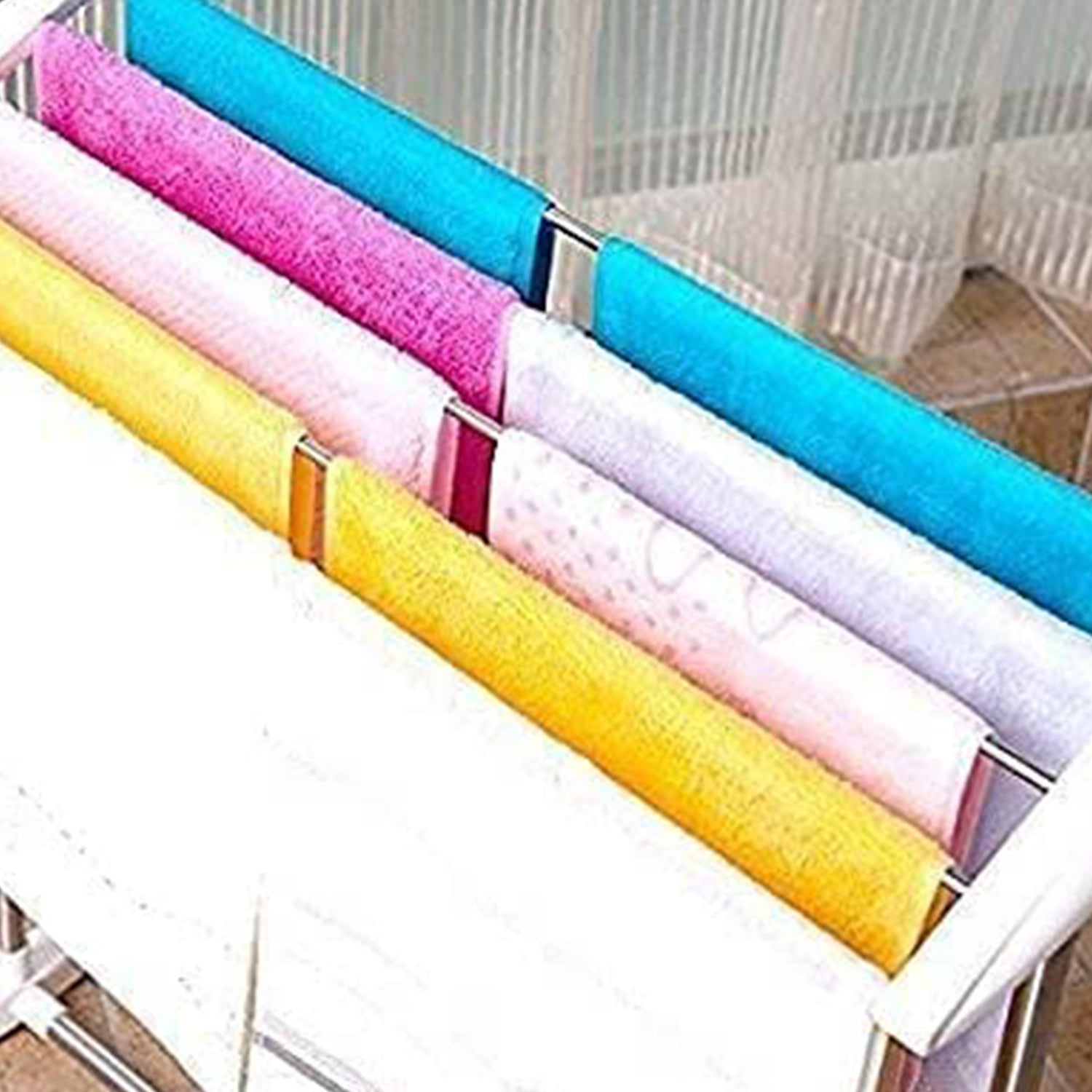 Multi-Functional Single Tier Mobile Towel Foldable Rack for Cloth and Towel / Stainless Steel and Plastic Made Mobile Towel and Cloth Rack Holder Indoor / Outdoor Standing Movable Cloth Dryer Rack, Balcony Cloth Drying Stand signaturekarts